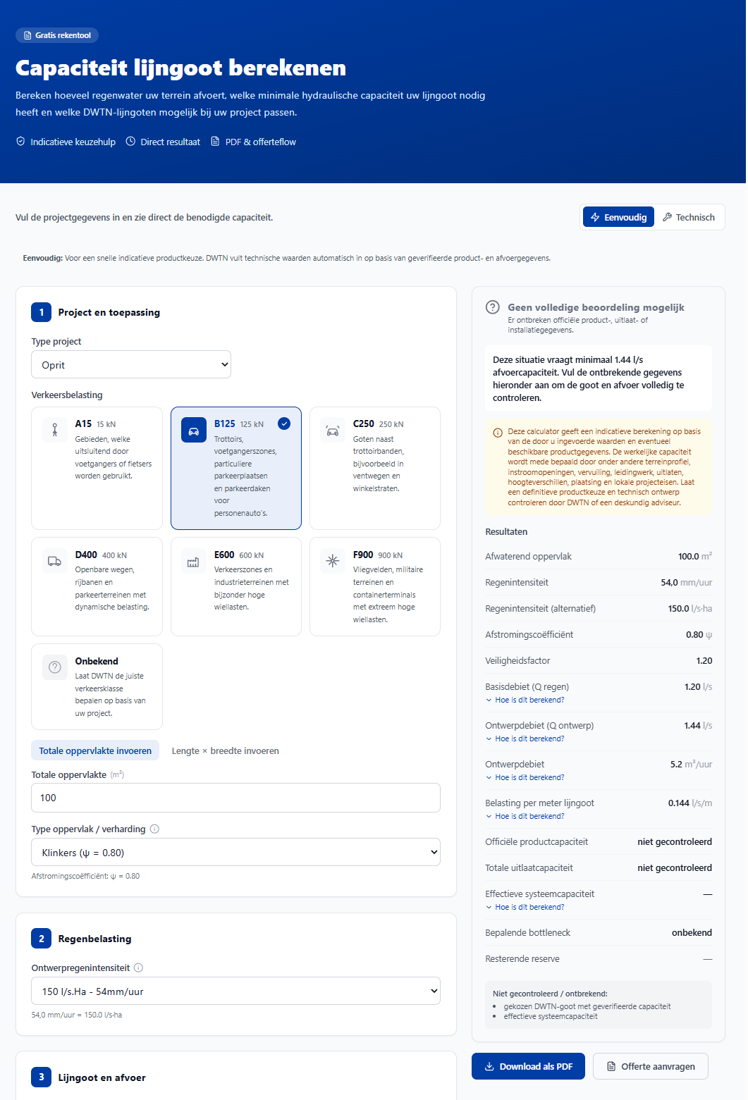 DWTN lijngootcalculator met projectinvoer en resultaat