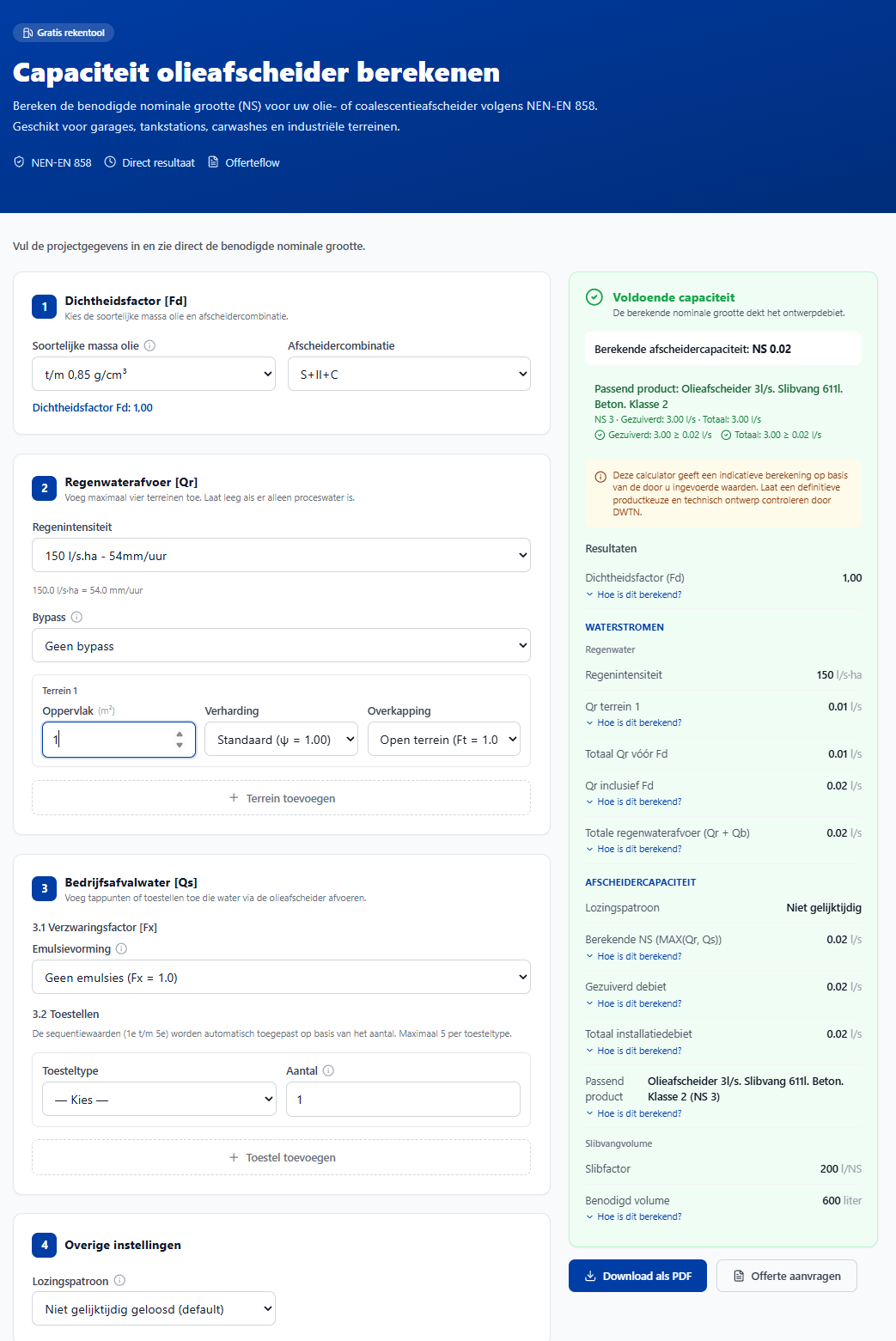 DWTN — Olieafscheidercalculator: Verschillende waterstromen in één projectberekening