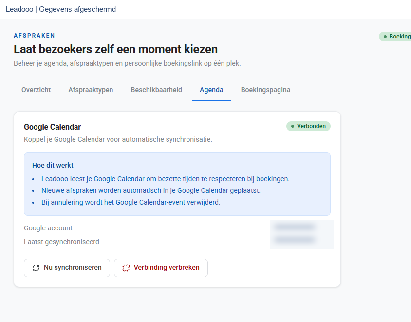 Leadooo Agendakoppeling, gevoelige gegevens afgeschermd