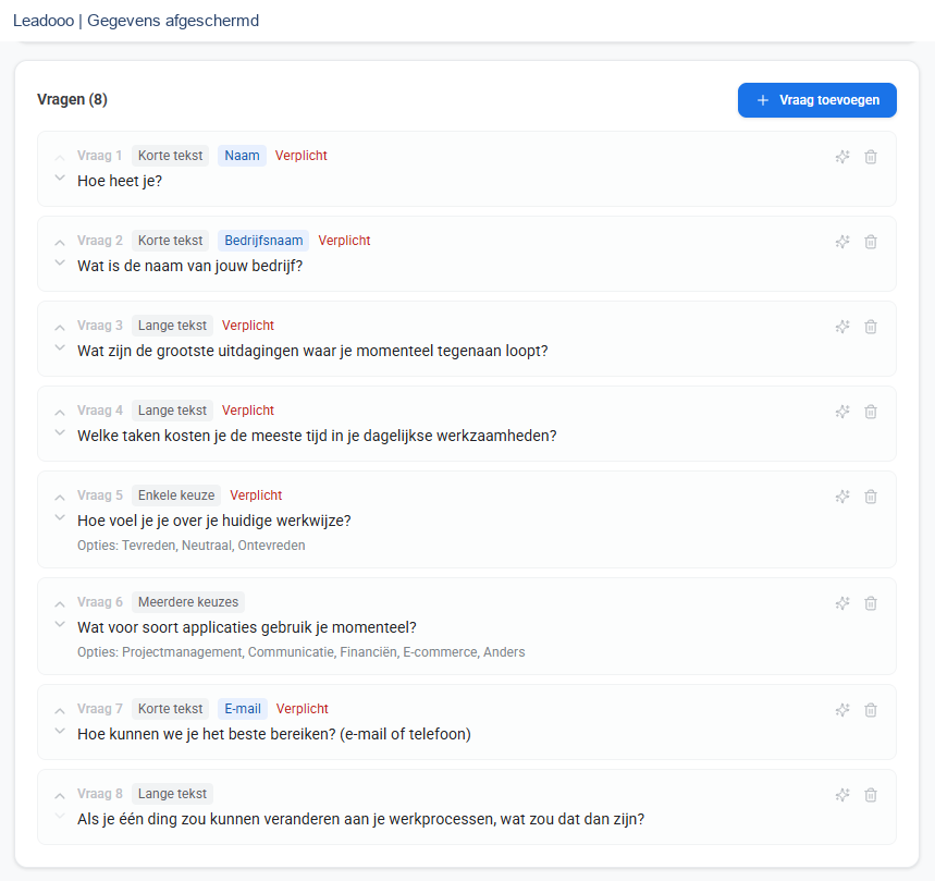 Leadooo Vragen opbouwen, gevoelige gegevens afgeschermd