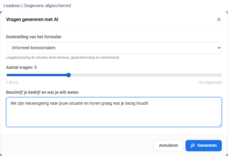 Leadooo AI-ondersteuning, gevoelige gegevens afgeschermd