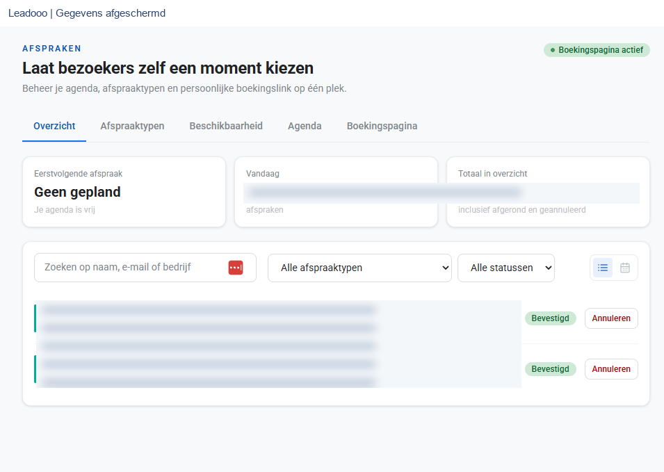 Leadooo Afsprakenoverzicht, gevoelige gegevens afgeschermd