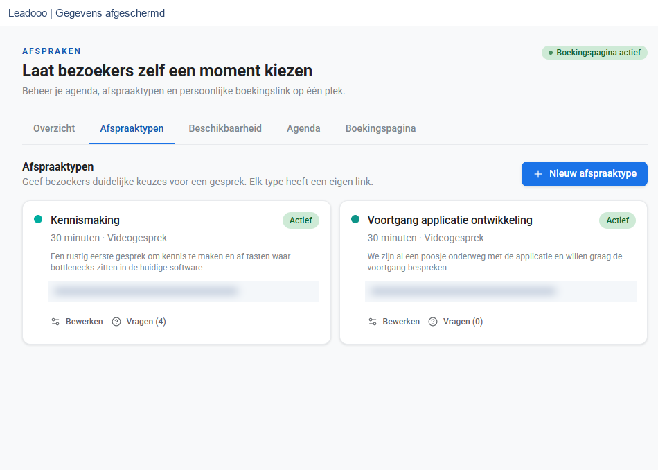Leadooo Afspraaktypen, gevoelige gegevens afgeschermd
