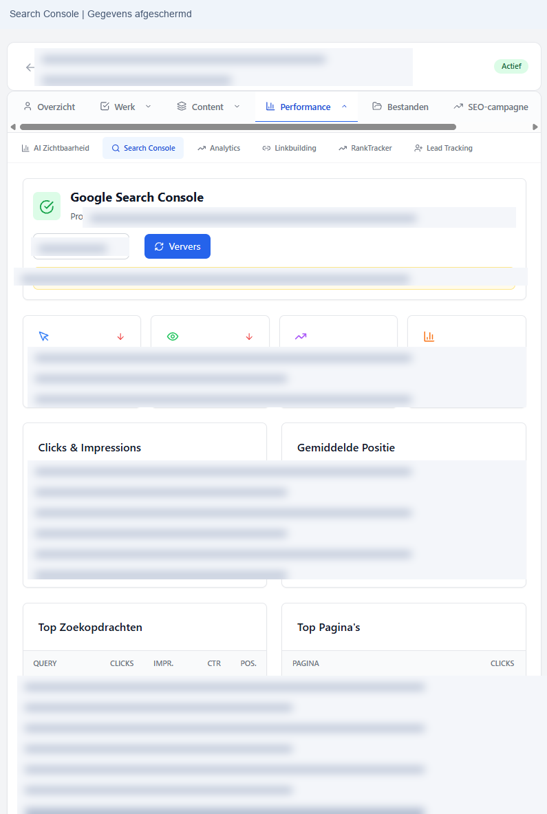 TaskZen Search Console — geanonimiseerd, zonder klantgegevens en cijfers